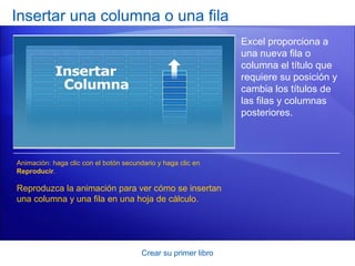 Insertar una columna o una fila
                                                                Excel proporciona a
                                                                una nueva fila o
                                                                columna el título que
                                                                requiere su posición y
                                                                cambia los títulos de
                                                                las filas y columnas
                                                                posteriores.




Animación: haga clic con el botón secundario y haga clic en
Reproducir.

Reproduzca la animación para ver cómo se insertan
una columna y una fila en una hoja de cálculo.




                                        Crear su primer libro
 
