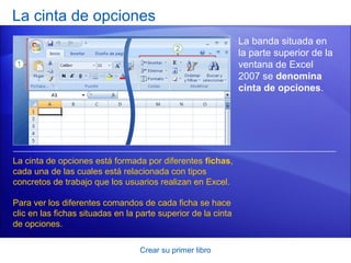 La cinta de opciones
                                                               La banda situada en
                                                               la parte superior de la
                                                               ventana de Excel
                                                               2007 se denomina
                                                               cinta de opciones.




La cinta de opciones está formada por diferentes fichas,
cada una de las cuales está relacionada con tipos
concretos de trabajo que los usuarios realizan en Excel.

Para ver los diferentes comandos de cada ficha se hace
clic en las fichas situadas en la parte superior de la cinta
de opciones.

                                  Crear su primer libro
 