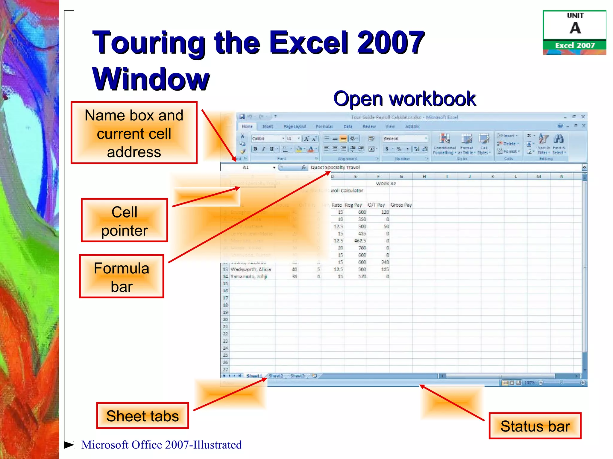 Microsoft Office 2007-Illustrated
Touring the Excel 2007Touring the Excel 2007
WindowWindow
Name box and
current cell
address
Formula
bar
Sheet tabs
Cell
pointer
Status bar
Open workbookOpen workbook
 