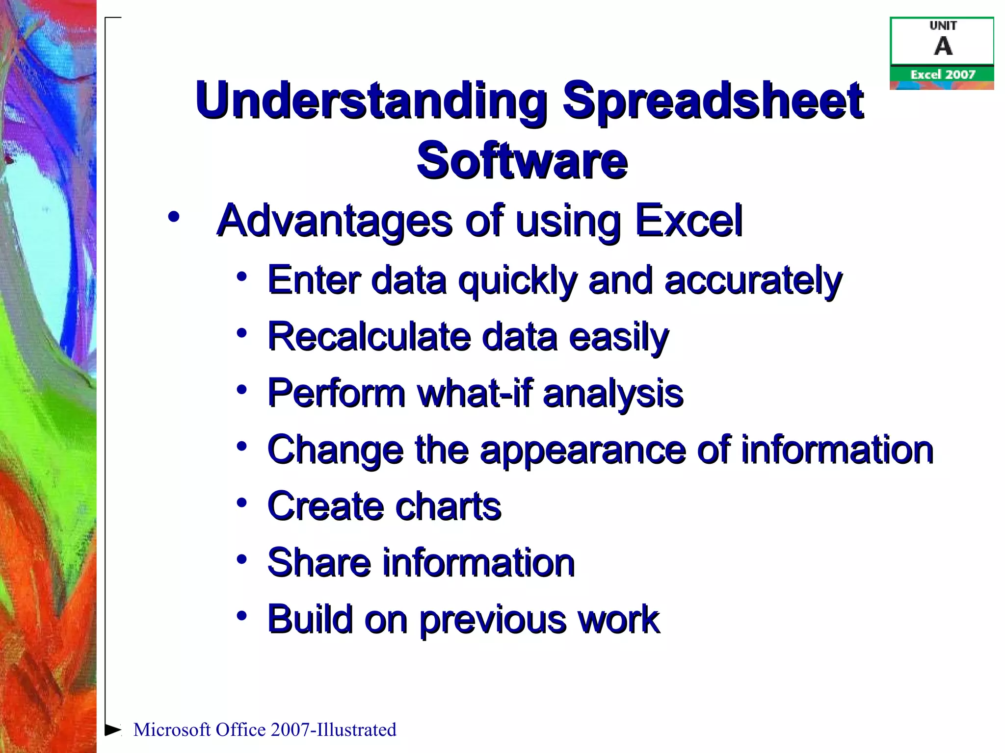 Microsoft Office 2007-Illustrated
Understanding SpreadsheetUnderstanding Spreadsheet
SoftwareSoftware
• Advantages of using ExcelAdvantages of using Excel
• Enter data quickly and accuratelyEnter data quickly and accurately
• Recalculate data easilyRecalculate data easily
• Perform what-if analysisPerform what-if analysis
• Change the appearance of informationChange the appearance of information
• Create chartsCreate charts
• Share informationShare information
• Build on previous workBuild on previous work
 