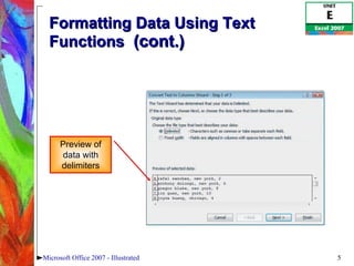 Formatting Data Using Text Functions  (cont.) Microsoft Office 2007 - Illustrated Preview of data with delimiters 