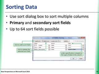 Sorting Data                                     XP


      • Use sort dialog box to sort multiple columns
      • Primary and secondary sort fields
      • Up to 64 sort fields possible




New Perspectives on Microsoft Excel 2010                    14
 