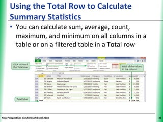 Using the Total Row to Calculate                XP
      Summary Statistics
      • You can calculate sum, average, count,
        maximum, and minimum on all columns in a
        table or on a filtered table in a Total row




New Perspectives on Microsoft Excel 2010                   26
 