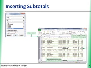 Inserting Subtotals                  XP




New Perspectives on Microsoft Excel 2010        30
 