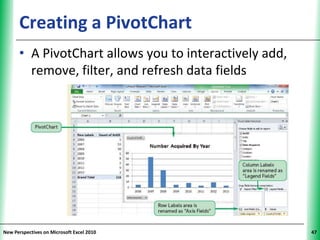 Creating a PivotChart                             XP


      • A PivotChart allows you to interactively add,
        remove, filter, and refresh data fields




New Perspectives on Microsoft Excel 2010                     47
 
