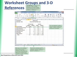 Worksheet Groups and 3-D             XP
      References




New Perspectives on Microsoft Excel 2010        3
 