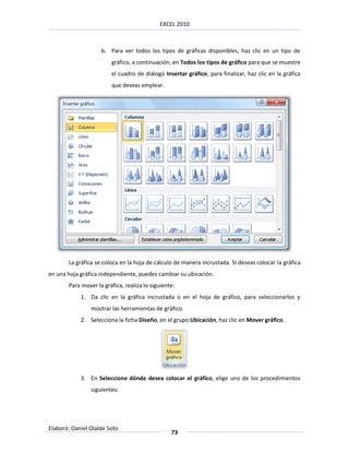 EXCEL 2010



                    b. Para ver todos los tipos de gráficas disponibles, haz clic en un tipo de
                        gráfico, a continuación, en Todos los tipos de gráfico para que se muestre
                        el cuadro de diálogo Insertar gráfico; para finalizar, haz clic en la gráfica
                        que deseas emplear.




       La gráfica se coloca en la hoja de cálculo de manera incrustada. Si deseas colocar la gráfica
en una hoja gráfica independiente, puedes cambiar su ubicación.
       Para mover la gráfica, realiza lo siguiente:
            1. Da clic en la gráfica incrustada o en el hoja de gráfico, para seleccionarlos y
                mostrar las herramientas de gráfico.
            2. Selecciona la ficha Diseño, en el grupo Ubicación, haz clic en Mover gráfico.




            3. En Seleccione dónde desea colocar el gráfico, elige uno de los procedimientos
                siguientes:




Elaboró: Daniel Olalde Soto
                                                 73
 