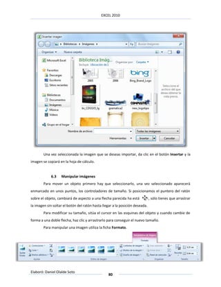 EXCEL 2010




        Una vez seleccionada la imagen que se deseas importar, da clic en el botón Insertar y la
imagen se copiará en la hoja de cálculo.


             6.3   Manipular imágenes
        Para mover un objeto primero hay que seleccionarlo, una vez seleccionado aparecerá
enmarcado en unos puntos, los controladores de tamaño. Si posicionamos el puntero del ratón
sobre el objeto, cambiará de aspecto a una flecha parecida ha está            , sólo tienes que arrastrar
la imagen sin soltar el botón del ratón hasta llegar a la posición deseada.
        Para modificar su tamaño, sitúa el cursor en las esquinas del objeto y cuando cambie de
forma a una doble flecha, haz clic y arrastrarlo para conseguir el nuevo tamaño.
        Para manipular una imagen utiliza la ficha Formato.




Elaboró: Daniel Olalde Soto
                                                  80
 