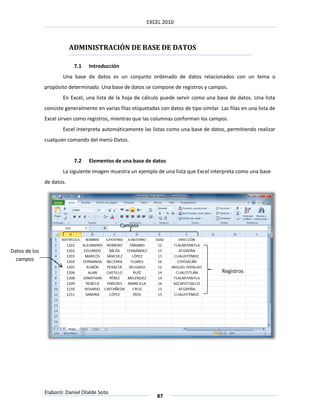 EXCEL 2010



                           ADMINISTRACIÓN DE BASE DE DATOS

                            7.1   Introducción
                       Una base de datos es un conjunto ordenado de datos relacionados con un tema o
               propósito determinado. Una base de datos se compone de registros y campos.
                       En Excel, una lista de la hoja de cálculo puede servir como una base de datos. Una lista
               consiste generalmente en varias filas etiquetadas con datos de tipo similar. Las filas en una lista de
               Excel sirven como registros, mientras que las columnas conforman los campos.
                       Excel interpreta automáticamente las listas como una base de datos, permitiendo realizar
               cualquier comando del menú Datos.


                            7.2   Elementos de una base de datos
                       La siguiente imagen muestra un ejemplo de una lista que Excel interpreta como una base
               de datos.




                                                 Campos



Datos de los
  campos

                                                                                             Registros




               Elaboró: Daniel Olalde Soto
                                                                87
 