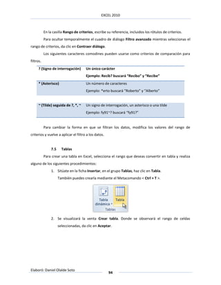 EXCEL 2010



           En la casilla Rango de criterios, escribe su referencia, incluidos los rótulos de criterios.
           Para ocultar temporalmente el cuadro de diálogo Filtro avanzado mientras seleccionas el
rango de criterios, da clic en Contraer diálogo.
           Los siguientes caracteres comodines pueden usarse como criterios de comparación para
filtros.
     ? (Signo de interrogación)        Un único carácter
                                       Ejemplo: Recib? buscará “Recibo” y “Recibe”
     * (Asterisco)                     Un número de caracteres
                                       Ejemplo: *erto buscará “Roberto” y “Alberto”


     ~ (Tilde) seguida de ?, *, ~      Un signo de interrogación, un asterisco o una tilde
                                       Ejemplo: fy91~? buscará “fy91?”


           Para cambiar la forma en que se filtran los datos, modifica los valores del rango de
criterios y vuelve a aplicar el filtro a los datos.


                7.5     Tablas
           Para crear una tabla en Excel, selecciona el rango que deseas convertir en tabla y realiza
alguno de los siguientes procedimientos:
                1. Sitúate en la ficha Insertar, en el grupo Tablas, haz clic en Tabla.
                      También puedes crearla mediante el Metacomando < Ctrl + T >.




                2. Se visualizará la venta Crear tabla. Donde se observará el rango de celdas
                      seleccionadas, da clic en Aceptar.




Elaboró: Daniel Olalde Soto
                                                      94
 
