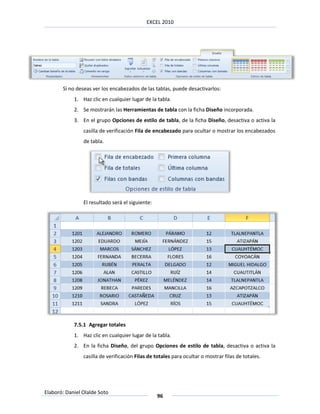 EXCEL 2010




       Si no deseas ver los encabezados de las tablas, puede desactivarlos:
            1. Haz clic en cualquier lugar de la tabla.
            2. Se mostrarán las Herramientas de tabla con la ficha Diseño incorporada.
            3. En el grupo Opciones de estilo de tabla, de la ficha Diseño, desactiva o activa la
                casilla de verificación Fila de encabezado para ocultar o mostrar los encabezados
                de tabla.




                El resultado será el siguiente:




            7.5.1 Agregar totales
            1. Haz clic en cualquier lugar de la tabla.
            2. En la ficha Diseño, del grupo Opciones de estilo de tabla, desactiva o activa la
                casilla de verificación Filas de totales para ocultar o mostrar filas de totales.




Elaboró: Daniel Olalde Soto
                                                  96
 