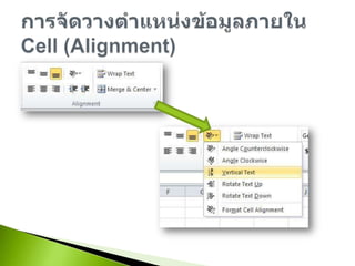 การจัดวางตำแหน่งข้อมูลภายใน Cell (Alignment)