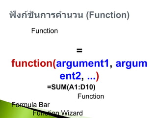 การใช้ Function คล้ายกับการใช้สูตรคำนวนทางคณิตศาสตร์ โดยมีรูปแบบการใช้งานคือ= function(argument1, argument2, ...)ตัวอย่างเช่น =SUM(A1:D10)การใช้งานสามารถป้อน Function ลงใน Formula Bar เหมือนกับการป้อนสูตรคำนวน หรือใช้ Function Wizardช่วยฟังก์ชันการคำนวน (Function)