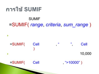 รูปแบบการใช้ SUMIF=SUMIF( range, criteria, sum_range)ตัวอย่างการใช้งานต้องการผลรวมของราคาสินค้ายี่ห้อใดยี่ห้อหนึ่งสามารถเขียนสูตรได้ดังนี้=SUMIF( ช่วง Cell ยี่ห้อสินค้า, “ชื่อยี่ห้อ”, ช่วง Cellของราคาสินค้า)ต้องการผลรวมของราคาสินค้าที่มีราคามากกว่า 10,000 บาทสามารถเขียนสูตรได้ดังนี้=SUMIF( ช่วง Cell ของราคาสินค้า, “>10000” )การใช้ SUMIF