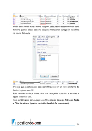Posso ainda refinar mais a minha filtragem, caso precise saber dentro do sexo
feminino quantos atletas estão na categoria Profissional, eu faço um novo filtro
na coluna Categoria.




Observe que as colunas que estão com filtro possuem um ícone em forma de
funil no lugar da seta.
Para remover os filtros, basta clicar nos cabeçalhos com filtro e escolher a
opção selecionar tudo.
Você também pode personalizar seus filtros através da opção Filtros de Texto
e Filtro de número (quando conteúdo da célula for um número).




                                                                             51
 