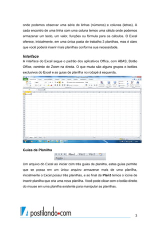 onde podemos observar uma série de linhas (números) e colunas (letras). A
cada encontro de uma linha com uma coluna temos uma célula onde podemos
armazenar um texto, um valor, funções ou fórmula para os cálculos. O Excel
oferece, inicialmente, em uma única pasta de trabalho 3 planilhas, mas é claro
que você poderá inserir mais planilhas conforma sua necessidade.

Interface
A interface do Excel segue o padrão dos aplicativos Office, com ABAS, Botão
Office, controle de Zoom na direita. O que muda são alguns grupos e botões
exclusivos do Excel e as guias de planilha no rodapé à esquerda,




Guias de Planilha



Um arquivo do Excel ao iniciar com três guias de planilha, estas guias permite
que se possa em um único arquivo armazenar mais de uma planilha,
inicialmente o Excel possui três planilhas, e ao final da Plan3 temos o ícone de
inserir planilha que cria uma nova planilha. Você pode clicar com o botão direito
do mouse em uma planilha existente para manipular as planilhas.




                                                                               3
 