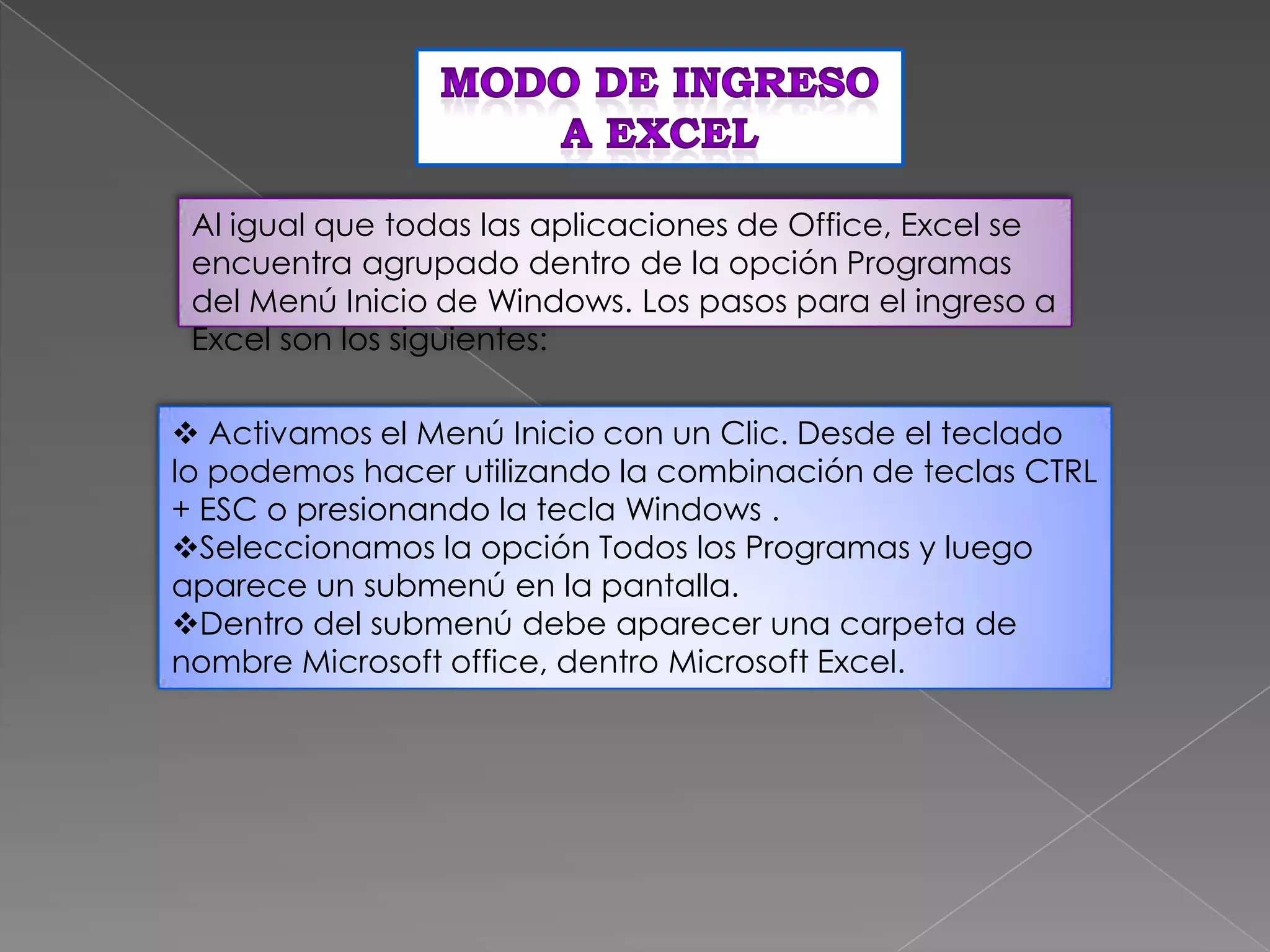 Al igual que todas las aplicaciones de Office, Excel se
encuentra agrupado dentro de la opción Programas
del Menú Inicio de Windows. Los pasos para el ingreso a
Excel son los siguientes:
 Activamos el Menú Inicio con un Clic. Desde el teclado
lo podemos hacer utilizando la combinación de teclas CTRL
+ ESC o presionando la tecla Windows .
Seleccionamos la opción Todos los Programas y luego
aparece un submenú en la pantalla.
Dentro del submenú debe aparecer una carpeta de
nombre Microsoft office, dentro Microsoft Excel.

 