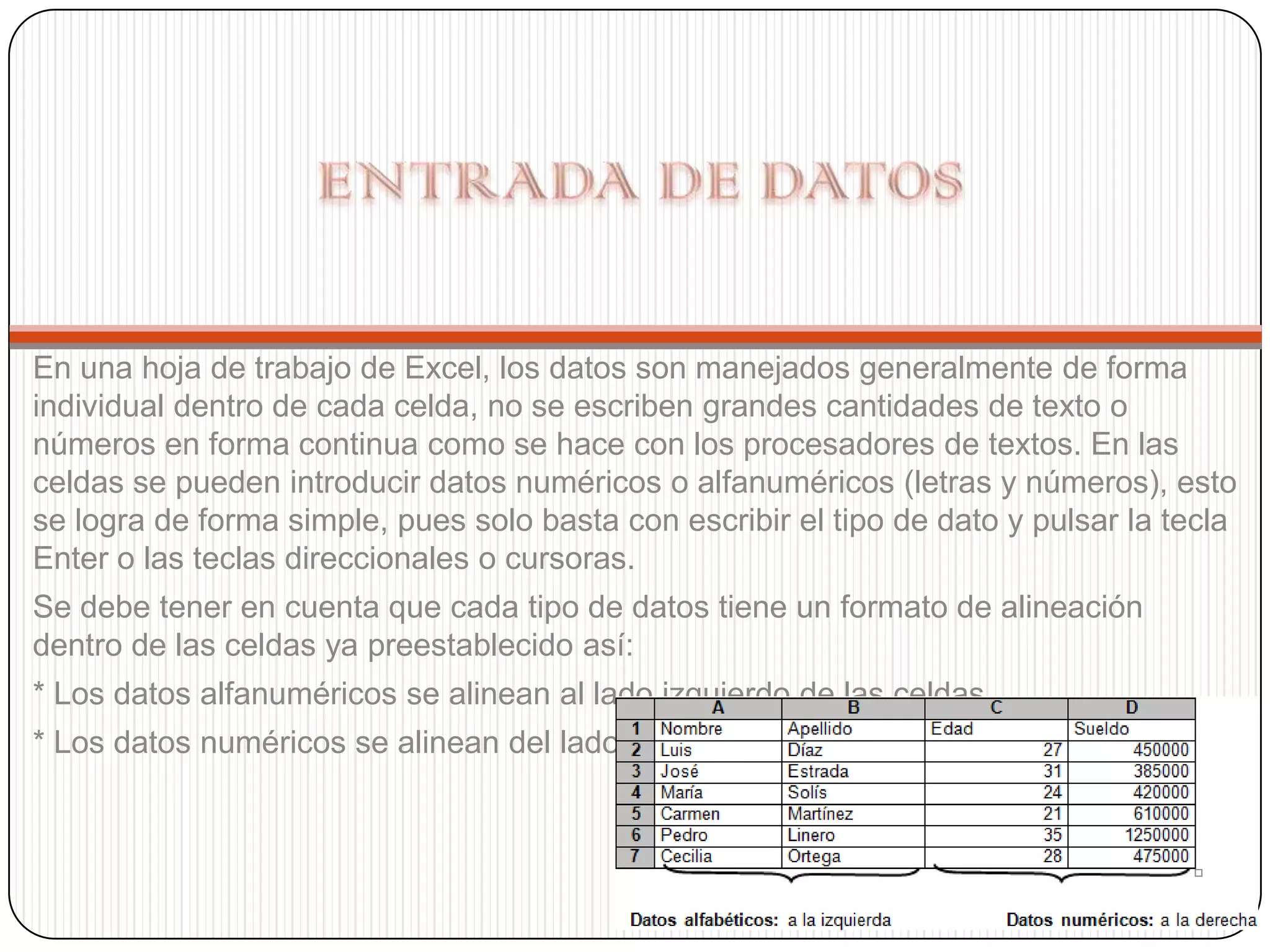 En una hoja de trabajo de Excel, los datos son manejados generalmente de forma
individual dentro de cada celda, no se escriben grandes cantidades de texto o
números en forma continua como se hace con los procesadores de textos. En las
celdas se pueden introducir datos numéricos o alfanuméricos (letras y números), esto
se logra de forma simple, pues solo basta con escribir el tipo de dato y pulsar la tecla
Enter o las teclas direccionales o cursoras.
Se debe tener en cuenta que cada tipo de datos tiene un formato de alineación
dentro de las celdas ya preestablecido así:
* Los datos alfanuméricos se alinean al lado izquierdo de las celdas.
* Los datos numéricos se alinean del lado derecho

 