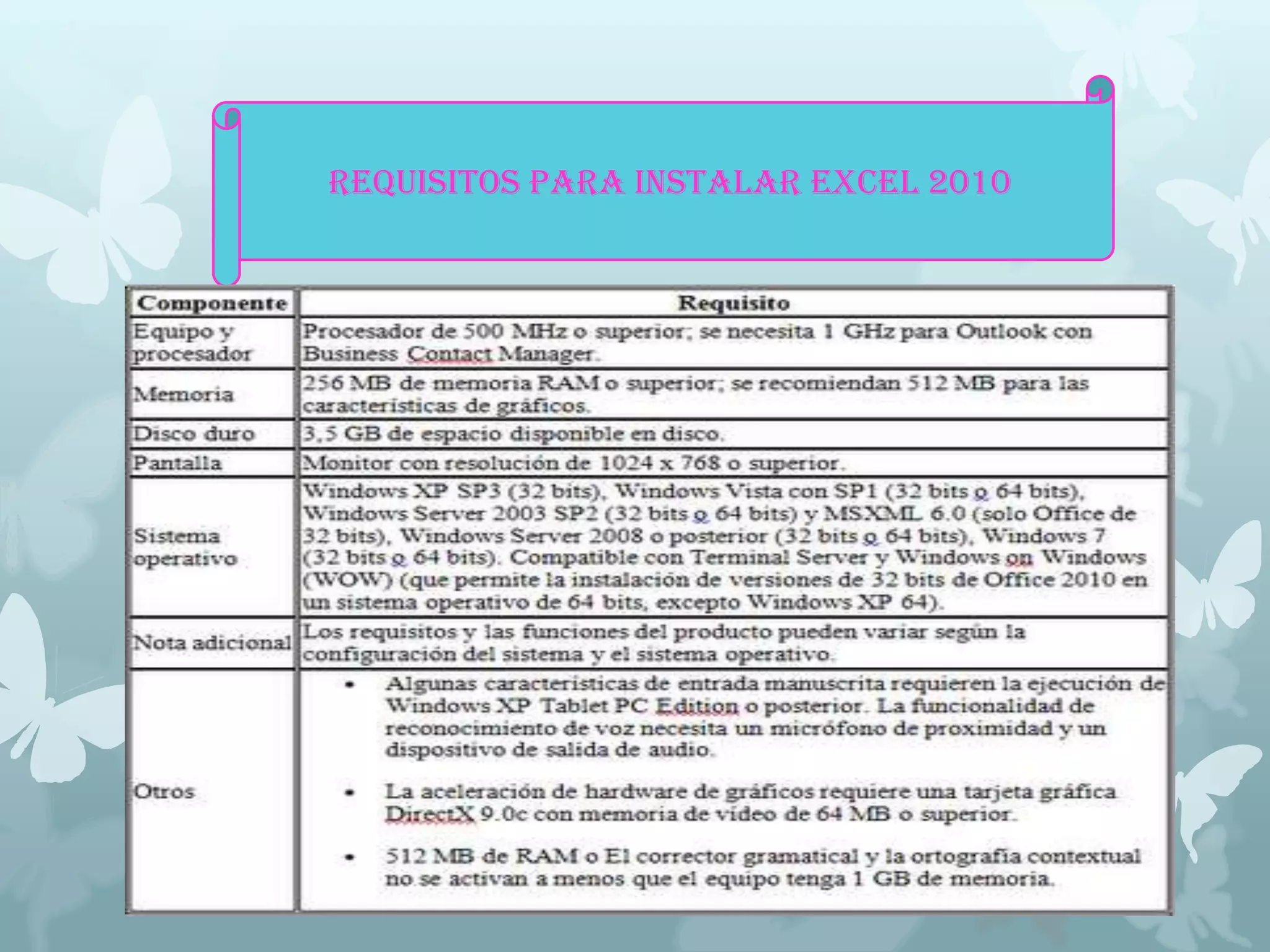 REQUISITOS PARA INSTALAR EXCEL 2010

 