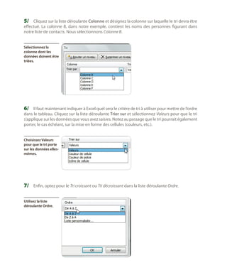 5/	 Cliquez sur la liste déroulante Colonne et désignez la colonne sur laquelle le tri devra être

effectué. La colonne  B, dans notre exemple, contient les noms des personnes figurant dans
notre liste de contacts. Nous sélectionnons Colonne B.
Sélectionnez la
colonne dont les
données doivent être
triées.

6/	 Il faut maintenant indiquer à Excel quel sera le critère de tri à utiliser pour mettre de l’ordre
dans le tableau. Cliquez sur la liste déroulante Trier sur et sélectionnez Valeurs pour que le tri
s’applique sur les données que vous avez saisies. Notez au passage que le tri pourrait également
porter, le cas échéant, sur la mise en forme des cellules (couleurs, etc.).
Choisissez Valeurs
pour que le tri porte
sur les données ellesmêmes.

7/	 Enfin, optez pour le Tri croissant ou Tri décroissant dans la liste déroulante Ordre.
Utilisez la liste
déroulante Ordre.

 