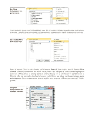 Les filtres
textuels sont très
performants.

Si les données que vous souhaitez filtrer sont des données chiffrées, le principe est exactement
le même. Dans le volet additionnel, vous trouveriez les critères de filtres numériques suivants.

L’éventail de filtres
textuels est large.

Dans la section Filtrer et trier, cliquez sur le bouton Avancé. Vous ouvrez ainsi la fenêtre Filtre
avancé. Son fonctionnement est moins visuel, mais il est très précis. Sélectionnez la plage de
données à filtrer. Dans le champ Zone de critère, cliquez sur la cellule qui va conditionner le
filtre (la ville, par exemple). Cochez le bouton radio Filtrer sur place ou Copier vers un autre
emplacement (les données seront alors envoyées vers un autre tableau, par exemple). Validez
par OK.

Désignez
l’emplacement des
données extraites.

 