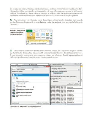 On ne peut pas créer un tableau croisé dynamique à partir de n’importe quoi. Il faut que les données puissent être associées les unes aux autres. Si vous effectuez par exemple le suivi comptable de deux branches d’une même entreprise, le tableau croisé dynamique vous permet de
synthétiser les résultats des deux secteurs d’activité pour obtenir une vision plus globale.  

1/	 Pour composer votre tableau croisé dynamique, activez l’onglet Insertion puis, sous la
section Tableaux, cliquez sur le bouton Tableau croisé dynamique, pour appeler l’affichage de
l’assistant.
Appelez l’assistant de
création de tableau
croisé dynamique.

2/	 L’assistant vous demande d’indiquer les données sources. S’il s’agit d’une plage de cellules

ou d’une feuille de calcul du classeur actif, saisissez les coordonnées des cellules concernées.
Si vous souhaitez appeler une source externe, cliquez sur le bouton Choisir les connexions et
définissez les chemins d’enregistrement des données à croiser.

Connectez les différentes sources de données.

 