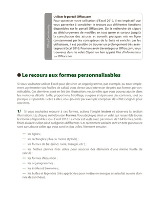 Office Community

Utiliser le portail Office.com
Pour optimiser votre utilisation d’Excel 2010, il est impératif que
vous parveniez à considérer le recours aux différentes fonctions
disponibles sur le portail Office.com. De la recherche de clipart
au téléchargement de modèles en tout genre et surtout jusqu’à
la consultation des astuces et conseils pratiques mis en ligne
constamment par les concepteurs de la Suite et enrichis par les
utilisateurs, il est possible de trouver un prolongement très avantageux à Excel 2010. Pour en savoir davantage sur Office.com, vous
trouverez dans le volet Clipart un lien appelé Plus d’informations
sur Office.com.

Le
  recours aux formes personnalisables
Si vous souhaitez utiliser Excel pour dessiner un organigramme, par exemple, ou tout simplement agrémenter vos feuilles de calcul, vous devez vous intéresser de près aux formes personnalisables. Ces dernières sont en fait des illustrations vectorielles que vous pouvez ajuster dans
les moindres détails : taille, proportions, habillage, coupeur et épaisseur des contours, tout ou
presque est possible. Grâce à elles, vous pourrez par exemple composer des effets soignés pour
vos titres.

1/	 Si vous souhaitez recourir à ces formes, activez l’onglet Insérer et observez la section

Illustrations. Là, cliquez sur le bouton Formes. Vous déployez ainsi un volet qui rassemble toutes
les formes disponibles sous Excel 2010. Le choix est vaste avec pas moins de 164 formes prédéfinies classées selon neuf catégories différentes : Les récemment utilisées sont en tête puisque ce
sont sans doute celles qui vous sont le plus utiles. Viennent ensuite :
—— les lignes ;
—— les rectangles (plus ou moins stylisés) ;
—— les formes de bas (rond, carré, triangle, etc.) ;
—— les flèches pleines (très utiles pour associer des éléments d’une même feuille de
calcul) ;
—— les formes d’équation ;
—— les organigrammes ;
—— les étoiles et bannières ;
—— les bulles et légendes (très appréciées pour mettre en exergue un résultat ou une donnée de synthèse).

 