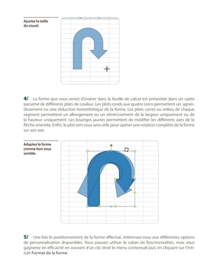 Ajustez la taille
du visuel.

4/	 La forme que vous venez d’insérer dans la feuille de calcul est présentée dans un cadre

parsemé de différents plots de couleur. Les plots ronds aux quatre coins permettent un agrandissement ou une réduction homothétique de la forme. Les plots carrés au milieu de chaque
segment permettent un allongement ou un rétrécissement de la largeur uniquement ou de
la hauteur uniquement. Les losanges jaunes permettent de modifier les différents axes de la
flèche orientée. Enfin, le plot vert vous sera utile pour opérer une rotation complète de la forme
sur son axe.
Adaptez la forme
comme bon vous
semble.

5/	 Une fois le positionnement de la forme effectué, intéressez-vous aux différentes options

de personnalisation disponibles. Vous pouvez utiliser le ruban de fonctionnalités, mais vous
gagnerez en efficacité en ouvrant d’un clic droit le menu contextuel puis en cliquant sur l’intitulé Format de la forme.

 