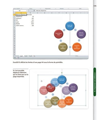 175

Si c’est possible,
déplacez l’élément
qui ne tient pas sur la
page imprimée.

8 / Imprimer ses tableaux

Excel2010 affiche les limites d’une page A4 sous la forme de pointillés.

 