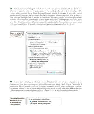 3/	 Activez maintenant l’onglet Avancé. Grâce à lui, vous pouvez modeler la façon dont vous

allez suivre les actions les uns et les autres sur le classeur Excel. Dans la section Suivi des modifications, sélectionnez la durée de vie des modifications suivies. Au-delà de 30 jours elles seront
validées instantanément. Vous pouvez, dans la zone de texte afférente, saisir un délai plus court,
de 8 jours par exemple. Si le fichier est accessible en réseau et que des utilisateurs peuvent le
modifier simultanément, automatisez la mise à jour du classeur en temps réel. Pour cela, dans
la section Mise à jour des modifications, cochez le bouton radio Automatiquement toutes les et
définissez un délai (par défaut 15 minutes, mais vous pouvez personnaliser la valeur).

Suivez en temps réel
les modifications des
autres utilisateurs.

4/	 Si jamais un utilisateur a effectué une modification qui entre en contradiction avec un

changement que vous-même ou un autre utilisateur avez opéré, Excel détecte l’anomalie. Il
vous laisse décider soit de confirmer l’une ou l’autre des modifications ou bien de systématiquement revenir à celle qui était déjà enregistrées. Pour plus de souplesse, cochez la case
Demander confirmation à chaque fois dans la section En cas de modifications contradictoires.

Confirmez l’opération
à effectuer en cas
de modifications
contradictoires.

 