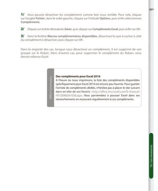 221

1/	 Vous pouvez désactiver les compléments comme bon vous semble. Pour cela, cliquez
sur l’onglet Fichier, dans le volet gauche, cliquez sur l’intitulé Options, puis enfin sélectionnez
Compléments.

2/	 Cliquez sur la liste déroulante Gérer, puis cliquez sur Compléments Excel, puis enfin sur OK.
3/	 Dans la fenêtre Macros complémentaires disponibles, désactivez la case à cocher à côté
du complément à désactiver, puis cliquez sur OK.

Des compléments pour Excel 2010
A l’heure où nous imprimons, la liste des compléments disponibles
spécifiquement pour Excel 2010 est encore peu fournie. Pour guetter
l’arrivée de compléments dédiés, n’hésitez pas à placer le site suivant
dans en tête de vos favoris : http://office.microsoft.com/fr-fr/excel/
HP100968341036.aspx. Vous parviendrez à pousser Excel dans ses
retranchements en recourant régulièrement à ces compléments.

10 / Les ressources

Office Community

Dans la majorité des cas, lorsque vous désactivez un complément, il est supprimé de son
groupe sur le Ruban. Dans d’autres cas, pour supprimer le complément du Ruban, vous
devrez relancer Excel.

 