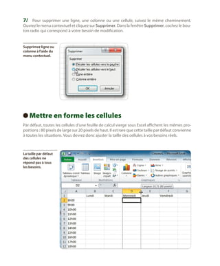7/	 Pour supprimer une ligne, une colonne ou une cellule, suivez le même cheminement.
Ouvrez le menu contextuel et cliquez sur Supprimer. Dans la fenêtre Supprimer, cochez le bouton radio qui correspond à votre besoin de modification.

Supprimez ligne ou
colonne à l’aide du
menu contextuel.

Mettre en forme les cellules
 
Par défaut, toutes les cellules d’une feuille de calcul vierge sous Excel affichent les mêmes proportions : 80 pixels de large sur 20 pixels de haut. Il est rare que cette taille par défaut convienne
à toutes les situations. Vous devrez donc ajuster la taille des cellules à vos besoins réels.

La taille par défaut
des cellules ne
répond pas à tous
les besoins.

 