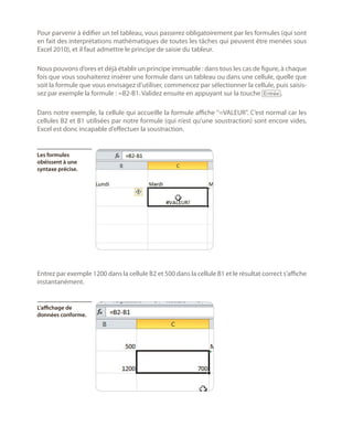 Pour parvenir à édifier un tel tableau, vous passerez obligatoirement par les formules (qui sont
en fait des interprétations mathématiques de toutes les tâches qui peuvent être menées sous
Excel 2010), et il faut admettre le principe de saisie du tableur.
Nous pouvons d’ores et déjà établir un principe immuable : dans tous les cas de figure, à chaque
fois que vous souhaiterez insérer une formule dans un tableau ou dans une cellule, quelle que
soit la formule que vous envisagez d’utiliser, commencez par sélectionner la cellule, puis saisissez par exemple la formule : =B2-B1. Validez ensuite en appuyant sur la touche [Entrée].
Dans notre exemple, la cellule qui accueille la formule affiche ‘’=VALEUR’’. C’est normal car les
cellules B2 et B1 utilisées par notre formule (qui n’est qu’une soustraction) sont encore vides,
Excel est donc incapable d’effectuer la soustraction.

Les formules
obéissent à une
syntaxe précise.

Entrez par exemple 1200 dans la cellule B2 et 500 dans la cellule B1 et le résultat correct s’affiche
instantanément.

L’affichage de
données conforme.

 