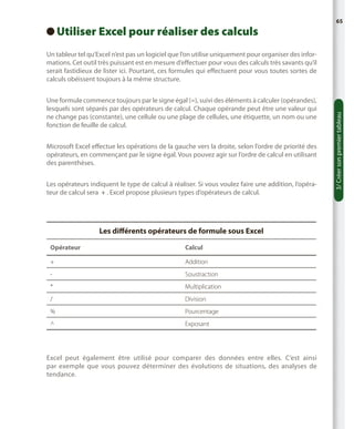 Utiliser Excel pour réaliser des calculs
 

65

Une formule commence toujours par le signe égal (=), suivi des éléments à calculer (opérandes),
lesquels sont séparés par des opérateurs de calcul. Chaque opérande peut être une valeur qui
ne change pas (constante), une cellule ou une plage de cellules, une étiquette, un nom ou une
fonction de feuille de calcul.
Microsoft Excel effectue les opérations de la gauche vers la droite, selon l’ordre de priorité des
opérateurs, en commençant par le signe égal. Vous pouvez agir sur l’ordre de calcul en utilisant
des parenthèses.
Les opérateurs indiquent le type de calcul à réaliser. Si vous voulez faire une addition, l’opérateur de calcul sera  + . Excel propose plusieurs types d’opérateurs de calcul.

Les différents opérateurs de formule sous Excel
Opérateur

Calcul

+ 

Addition

-

Soustraction

*

Multiplication

/

Division

%

Pourcentage

^

Exposant

Excel peut également être utilisé pour comparer des données entre elles. C’est ainsi
par exemple que vous pouvez déterminer des évolutions de situations, des analyses de
tendance.

3/ Créer son premier tableau

Un tableur tel qu’Excel n’est pas un logiciel que l’on utilise uniquement pour organiser des informations. Cet outil très puissant est en mesure d’effectuer pour vous des calculs très savants qu’il
serait fastidieux de lister ici. Pourtant, ces formules qui effectuent pour vous toutes sortes de
calculs obéissent toujours à la même structure.

 