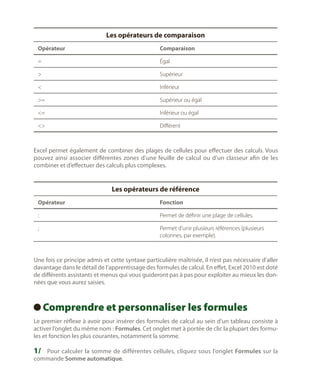 Les opérateurs de comparaison
Opérateur

Comparaison

=

Égal



Supérieur



Inférieur

=

Supérieur ou égal

=

Inférieur ou égal



Différent

Excel permet également de combiner des plages de cellules pour effectuer des calculs. Vous
pouvez ainsi associer différentes zones d’une feuille de calcul ou d’un classeur afin de les
combiner et d’effectuer des calculs plus complexes.

Les opérateurs de référence
Opérateur

Fonction

:

Permet de définir une plage de cellules.

;

Permet d’unir plusieurs références (plusieurs
colonnes, par exemple).

Une fois ce principe admis et cette syntaxe particulière maîtrisée, il n’est pas nécessaire d’aller
davantage dans le détail de l’apprentissage des formules de calcul. En effet, Excel 2010 est doté
de différents assistants et menus qui vous guideront pas à pas pour exploiter au mieux les données que vous aurez saisies.

Comprendre et personnaliser les formules
 
Le premier réflexe à avoir pour insérer des formules de calcul au sein d’un tableau consiste à
activer l’onglet du même nom : Formules. Cet onglet met à portée de clic la plupart des formules et fonction les plus courantes, notamment la somme.

1/	 Pour calculer la somme de différentes cellules, cliquez sous l’onglet Formules sur la
commande Somme automatique.

 