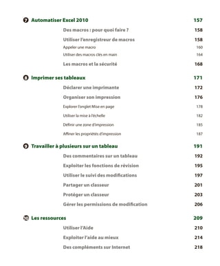 7 	 Automatiser Excel 2010	

157

Des macros : pour quoi faire ? 	

158

Utiliser l’enregistreur de macros	

158

Appeler une macro	

160

Utiliser des macros clés en main	

164

Les macros et la sécurité	

168

8 	 Imprimer ses tableaux	

171

Déclarer une imprimante	

172

Organiser son impression	

176

Explorer l’onglet Mise en page	

178

Utiliser la mise à l’échelle	

182

Définir une zone d’impression	

185

Affiner les propriétés d’impression	

187

9 	 Travailler à plusieurs sur un tableau	

191

Des commentaires sur un tableau	

192

Exploiter les fonctions de révision	

195

Utiliser le suivi des modifications	

197

Partager un classeur	

201

Protéger un classeur	

203

Gérer les permissions de modification	

206

10 	 Les ressources	

209

Utiliser l’Aide	

210

Exploiter l’aide au mieux	

214

Des compléments sur Internet	

218

 
