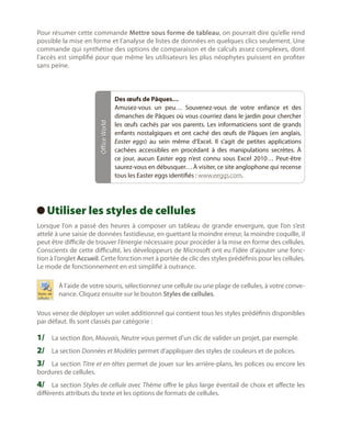 Office World

Pour résumer cette commande Mettre sous forme de tableau, on pourrait dire qu’elle rend
possible la mise en forme et l’analyse de listes de données en quelques clics seulement. Une
commande qui synthétise des options de comparaison et de calculs assez complexes, dont
l’accès est simplifié pour que même les utilisateurs les plus néophytes puissent en profiter
sans peine.

Des œufs de Pâques…
Amusez-vous un peu… Souvenez-vous de votre enfance et des
dimanches de Pâques où vous courriez dans le jardin pour chercher
les œufs cachés par vos parents. Les informaticiens sont de grands
enfants nostalgiques et ont caché des œufs de Pâques (en anglais,
Easter eggs) au sein même d’Excel. Il s’agit de petites applications
cachées accessibles en procédant à des manipulations secrètes. À
ce jour, aucun Easter egg n’est connu sous Excel 2010… Peut-être
saurez-vous en débusquer… À visiter, ce site anglophone qui recense
tous les Easter eggs identifiés : www.eeggs.com.

Utiliser les styles de cellules
 
Lorsque l’on a passé des heures à composer un tableau de grande envergure, que l’on s’est
attelé à une saisie de données fastidieuse, en guettant la moindre erreur, la moindre coquille, il
peut être difficile de trouver l’énergie nécessaire pour procéder à la mise en forme des cellules.
Conscients de cette difficulté, les développeurs de Microsoft ont eu l’idée d’ajouter une fonction à l’onglet Accueil. Cette fonction met à portée de clic des styles prédéfinis pour les cellules.
Le mode de fonctionnement en est simplifié à outrance.
À l’aide de votre souris, sélectionnez une cellule ou une plage de cellules, à votre convenance. Cliquez ensuite sur le bouton Styles de cellules.
Vous venez de déployer un volet additionnel qui contient tous les styles prédéfinis disponibles
par défaut. Ils sont classés par catégorie :

1/	 La section Bon, Mauvais, Neutre vous permet d’un clic de valider un projet, par exemple.
2/	 La section Données et Modèles permet d’appliquer des styles de couleurs et de polices.
3/	 La section Titre et en-têtes permet de jouer sur les arrière-plans, les polices ou encore les
bordures de cellules.

4/	 La section Styles de cellule avec Thème offre le plus large éventail de choix et affecte les
différents attributs du texte et les options de formats de cellules.

 
