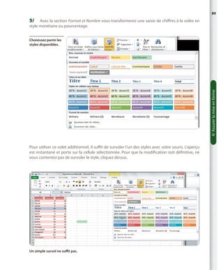 89

5/	 Avec la section Format et Nombre vous transformerez une saisie de chiffres à la volée en
style monétaire ou pourcentage.

4/ Assurer la mise en forme

Choisissez parmi les
styles disponibles.

Pour utiliser ce volet additionnel, il suffit de survoler l’un des styles avec votre souris. L’aperçu
est instantané et porte sur la cellule sélectionnée. Pour que la modification soit définitive, ne
vous contentez pas de survoler le style, cliquez dessus.

Un simple survol ne suffit pas.

 