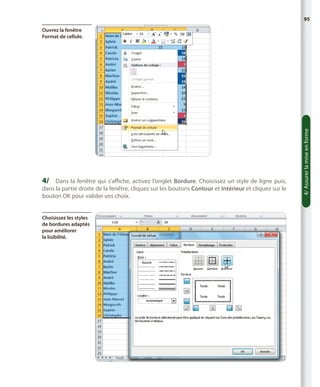 95

4/	 Dans la fenêtre qui s’affiche, activez l’onglet Bordure. Choisissez un style de ligne puis,

dans la partie droite de la fenêtre, cliquez sur les boutons Contour et Intérieur et cliquez sur le
bouton OK pour valider vos choix.
Choisissez les styles
de bordures adaptés
pour améliorer
la lisibilité.

4/ Assurer la mise en forme

Ouvrez la fenêtre
Format de cellule.

 