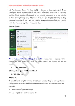 Phiên bản thử nghiệm – Lưu hành nội bộ - Microsoft Vietnam
12
một PivotChart, các công cụ PivotChart đặc biệt và các menu nội dung được cung cấp để bạn
có thể phân tích dữ liệu trong biểu đồ. Bạn cũng có thể thay đổi layout, style và định dạng
của biểu đồ hoặc các thành phần khác của nó theo cùng một cách mà bạn có thể th c hiện cho
các biểu đồ thông thường. Trong Office Excel 2010, việc định dạng biểu đồ mà bạn áp dụng
được duy trì khi thay đổi sang PivotChart, điều này là một bổ sung nâng cấp để theo cách mà
nó đã làm việc trong các phiên bản Excel trước đây.
Share Workbook
Microsoft Excel 2010 có thể tích hợp với SharePoint để cung cấp các công cụ quản lý nội
dung dễ hiểu, thuận tiện cho việc chia sẻ kinh nghiệm, tri thức, nâng cao năng suất làm việc
nhóm.
I. Nội dung chính
Chương 1: Làm Quen Với Microsoft Excel
1.1 Giới thiệu Excel
Excel là gì:
Microsoft Excel là một phần mềm hay là một chương trình ứng dụng, mà khi chạyr chương
trình ứng dụng này sẽ tạo ra một bảng tính và bảng tính này giúp ta dễ dàng hơn trong việc
th c hiện:
Tính toán đại s , phân tích dữ liệu
Lập bảng biểu báo cáo, tổ chức danh sách
 