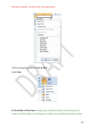 Phiên bản thử nghiệm – Lưu hành nội bộ - Microsoft Vietnam
132
• Để ko áp dụng bộ l c, kích nút Sort & Filter
• Kích Clear
4.2 PivotTable và PivotChart là những công cụ phân tích dữ liệu rất mạnh trong Excel.
Chúng có thể biến những con số dường như vô nghĩa trong một khối dữ liệu khổng lồ thành
 
