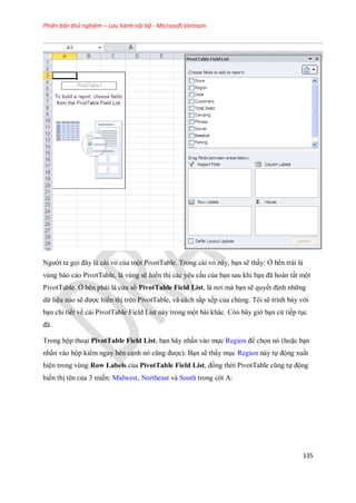 Phiên bản thử nghiệm – Lưu hành nội bộ - Microsoft Vietnam
135
Người ta g i đây là cái vỏ của một PivotTable. Trong cái vỏ này, bạn sẽ thấy: Ở bên trái là
vùng báo cáo PivotTable, là vùng sẽ hiển thị các yêu cầu của bạn sau khi bạn đã hoàn tất một
PivotTable. Ở bên phải là cửa sổ PivotTable Field List, là nơi mà bạn sẽ quy t định những
dữ liệu nào sẽ được hiển thị trên PivotTable, và cách sắp x p của chúng. Tôi sẽ trình bày với
bạn chi ti t về cái PivotTable Field List này trong một bài khác. Còn bây giờ bạn cứ ti p tục
đã.
Trong hộp thoại PivotTable Field List, bạn hãy nhấn vào mục Region để ch n nó (hoặc bạn
nhấn vào hộp kiểm ngay bên cạnh nó cũng được). Bạn sẽ thấy mục Region này t động xuất
hiện trong vùng Row Labels của PivotTable Field List, đồng thời PivotTable cũng t động
hiển thị tên của 3 miền: Midwest, Northeast và South trong côt A:
 