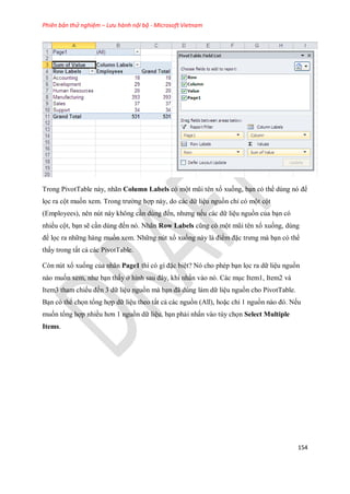 Phiên bản thử nghiệm – Lưu hành nội bộ - Microsoft Vietnam
154
Trong PivotTable này, nhãn Column Labels có một mũi tên xổ xu ng, bạn có thể dùng nó để
l c ra cột mu n xem. Trong trường hợp này, do các dữ liệu nguồn chỉ có một cột
(Employees), nên nút này không cần dùng đ n, nhưng n u các dữ liệu nguồn của bạn có
nhiều cột, bạn sẽ cần dùng đ n nó. Nhãn Row Labels cũng có một mũi tên xổ xu ng, dùng
để l c ra những hàng mu n xem. Những nút xổ xu ng này là điểm đặc trưng mà bạn có thể
thấy trong tất cả các PivotTable.
Còn nút xổ xu ng của nhãn Page1 thì có gì đặc biệt? Nó cho phép bạn l c ra dữ liệu nguồn
nào mu n xem, như bạn thấy ở hình sau đây, khi nhấn vào nó. Các mục Item1, Item2 và
Item3 tham chi u đ n 3 dữ liệu nguồn mà bạn đã dùng làm dữ liệu nguồn cho PivotTable.
Bạn có thể ch n tổng hợp dữ liệu theo tất cả các nguồn (All), hoặc chỉ 1 nguồn nào đó. N u
mu n tổng hợp nhiều hơn 1 nguồn dữ liệu, bạn phải nhấn vào tùy ch n Select Multiple
Items.
 