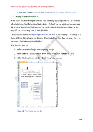 Phiên bản thử nghiệm – Lưu hành nội bộ - Microsoft Vietnam
164
PivotTable Field List, với các field đã được thêm vào trong 4 vùng bên dưới
3.2. Sử dụng PivotTable Field List
Ở bài trước, bạn đã bi t rằng khi đưa một Field vào trong một vùng của Field List, thì nó sẽ
nằm ở đâu trong PivotTable, hay nói cách khác, việc đưa Field vào một trong b n vùng của
Field List sẽ ảnh hưởng th nào đ n cấu trúc của PivotTable. Bài này sẽ trình bày cho bạn
thay đổi cấu trúc đó bằng cách sử dụng Field List.
Trước h t, mời bạn mở file SportingGoodsRawData.xlsx (ở cu i bài này). Yêu cầu đặt ra là
th ng kê lượng hàng phục vụ cho dã ngoại (Camping) đã bán được theo cửa hàng (Store) và
theo ngày (Date) của từng vùng (Region).
Bạn theo các bước sau:
1. Nhấn con trỏ vào bất kỳ ô nào trong vùng dữ liệu.
2. Nhấn nút PivotTable từ Ribbon Insert để mở hộp thoại Create PivotTable.
3. Nhấn OK. Excel sẽ tạo một PivotTable "rỗng" như hình sau:
Hình 3.4. PivotTable, lúc ban đầu
 