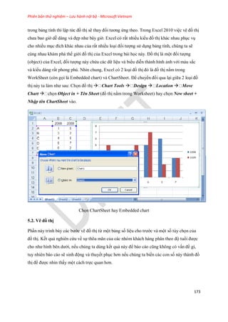 Phiên bản thử nghiệm – Lưu hành nội bộ - Microsoft Vietnam
173
trong bảng tính thì lập tức đồ thị sẽ thay đổi tương ứng theo. Trong Excel 2010 việc vẽ đồ thị
chưa bao giờ dễ dàng và đẹp như bây giờ. Excel có rất nhiều kiểu đồ thị khác nhau phục vụ
cho nhiều mục đích khác nhau của rất nhiều loại đ i tượng sử dụng bảng tính, chúng ta sẽ
cùng nhau khám phá th giới đồ thị của Excel trong bài h c này. Đồ thị là một đ i tượng
(object) của Excel, đ i tượng này chứa các dữ liệu và biểu diễn thành hình ảnh với màu sắc
và kiểu dáng rất phong phú. Nhìn chung, Excel có 2 loại đồ thị đó là đồ thị nằm trong
WorkSheet (còn g i là Embedded chart) và ChartSheet. Để chuyển đổi qua lại giữa 2 loại đồ
thị này ta làm như sau: Ch n đồ thị  Chart Tools  Design  Location  Move
Chart  n Object in + Tên Sheet (đồ thị nằm trong Worksheet) hay ch n New sheet +
Nhập tên ChartSheet vào.
Ch n ChartSheet hay Embedded chart
5.2. Vẽ đồ thị
Phần này trình bày các bước vẽ đồ thị từ một bảng s liệu cho trước và một s tùy ch n của
đồ thị. K t quả nghiên cứu về s thõa mãn của các nhóm khách hàng phân theo độ tuổi được
cho như hình bên dưới, n u chúng ta dùng k t quả này để báo cáo cũng không có vấn đề gì,
tuy nhiên báo cáo sẽ sinh động và thuy t phục hơn n u chúng ta bi n các con s này thành đồ
thị để được nhìn thấy một cách tr c quan hơn.
 