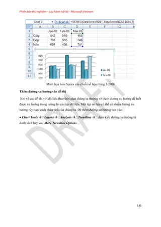 Phiên bản thử nghiệm – Lưu hành nội bộ - Microsoft Vietnam
191
Minh h a hàm Series của chuỗi s liệu tháng 3/2008
Thêm đường xu hướng vào đồ thị
Khi vẽ các đồ thị với dữ liệu theo thời gian chúng ta thường vẽ thêm đường xu hướng để bi t
được xu hướng trong tương lai của tập dữ liệu. Một tập s liệu có thể có nhiều đường xu
hướng tùy theo cách phân tích của chúng ta. Để thêm đường xu hướng bạn vào:
 Chart Tools  Layout  Analysis  Trendline  ch n kiểu đường xu hướng từ
danh sách hay vào More Trendline Options…
 