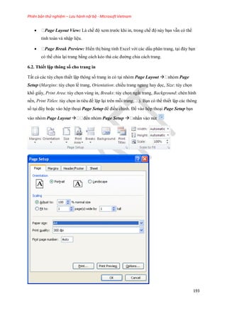 Phiên bản thử nghiệm – Lưu hành nội bộ - Microsoft Vietnam
193
 Page Layout View: Là ch độ xem trước khi in, trong ch độ này bạn vẫn có thể
tính toán và nhập liệu.
 Page Break Preview: Hiển thị bảng tính Excel với các dấu phân trang, tại đây bạn
có thể chia lại trang bằng cách kéo thả các đường chia cách trang.
6.2. Thiết lập thông số cho trang in
Tất cả các tùy ch n thi t lập thông s trang in có tại nhóm Page Layout  Page
Setup (Margins: tùy ch n lề trang, Orientation: chiều trang ngang hay d c, Size: tùy ch n
khổ giấy, Print Area: tùy ch n vùng in, Breaks: tùy ch n ngắt trang, Background: chèn hình
nền, Print Titles: tùy ch n in tiêu đề lặp lại trên mỗi trang,…). Bạn có thể thi t lập các thông
s tại đây hoặc vào hộp thoại Page Setup để điều chỉnh. Để vào hộp thoại Page Setup bạn
vào nhóm Page Layout  Page Setup 
 