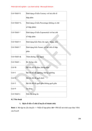 Phiên bản thử nghiệm – Lưu hành nội bộ - Microsoft Vietnam
206
Ctrl+Shift+$ Định dạng s kiểu Curency với hai chữ s
thập phân
Ctrl+Shift+% Định dạng s kiểu Percentage (không có chữ
s thập phân)
Ctrl+Shift+^ Định dạng s kiểu Exponential với hai chữ
s thập phân
Ctrl+Shift+# Định dạng kiểu Data cho ngày, tháng, năm
Ctrl+Shift+? Định dạng kiểu Numer với hai chữ s thập
phân
Ctrl+Shift+& Thêm đường viền ngoài
Ctrl+Shift+ - Bỏ đường viền
Ctrl+B Bật tắt ch độ đậm, không đậm
Ctrl+I Bật tắt ch độ nghiêng, không nghiêng
Ctrl+U Bật tắt ch độ gạch dưới
Ctrl+5 Bật tắt ch độ gạch giữa không gạch giữa
Ctrl+9 Ẩn dòng
Ctrl+Shift+( Hiển thị dòng ẩn
8.2 Thủ thuật
1. Dịch số tiền về chữ (Chuyển số thành chữ)
Bước 1. Mở tập tin cần chuyển >> Nhấn tổ hợp phím Alt + F11 để mở trình soạn thảo VBA
của Excell
 