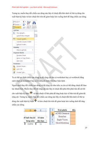 Phiên bản thử nghiệm – Lưu hành nội bộ - Microsoft Vietnam
27
Tương t , mu n thay đổi chiều cao dòng nào hãy rê chuột đ n bên dưới s thứ t dòng cho
xuất hiện ký hiệu và kéo chuột lên trên để giảm hoặc kéo xu ng dưới để tăng chiều cao dòng.
Ta có thể qui định chiều cao dòng và độ rộng cột cho cả worksheet hay cả workbook bằng
cách ch n cả worksheet hay cả workbook trước khi th c hiện lệnh.
Ngoài cách thay đổi chiều cao dòng và độ rộng cột như trên, ta còn có thể dùng chuột để thao
tác nhanh hơn. Mu n thay đổi độ rộng cột nào hãy rê chuột đ n phía bên phải tiêu đề cột đó
cho xuất hiện ký hiệu và kéo chuột về bên phải để tăng hoặc kéo về bên trái để giảm độ
rộng cột. Tương t , mu n thay đổi chiều cao dòng nào hãy rê chuột đ n bên dưới s thứ t
dòng cho xuất hiện ký hiệu và kéo chuột lên trên để giảm hoặc kéo xu ng dưới để tăng
chiều cao dòng.
 