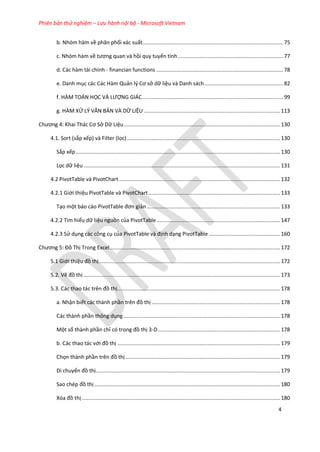 Phiên bản thử nghiệm – Lưu hành nội bộ - Microsoft Vietnam
4
b. Nhóm hàm về phân phối xác suất...........................................................................................75
c. Nhóm hàm về tương quan và hồi quy tuyến tính ....................................................................77
d. Các hàm tài chính - financian functions ..................................................................................78
e. Danh mục các Các Hàm Quản l{ Cơ sở dữ liệu và Danh sách...................................................82
f. HÀM TOÁN HỌC VÀ LƯỢNG GIÁC...........................................................................................99
g. HÀM XỬ LÝ VĂN BẢN VÀ DỮ LIỆU ........................................................................................113
Chương 4: Khai Thác Cơ Sở Dữ Liệu.....................................................................................................130
4.1. Sort (sắp xếp) và Filter (lọc)...................................................................................................130
Sắp xếp....................................................................................................................................130
Lọc dữ liệu...............................................................................................................................131
4.2 PivotTable và PivotChart ........................................................................................................132
4.2.1 Giới thiệu PivotTable và PivotChart .....................................................................................133
Tạo một báo cáo PivotTable đơn giản ......................................................................................133
4.2.2 Tìm hiểu dữ liệu nguồn của PivotTable................................................................................147
4.2.3 Sử dụng các công cụ của PivotTable và định dạng PivotTable ..............................................160
Chương 5: Đồ Thị Trong Excel..............................................................................................................172
5.1 Giới thiệu đồ thị.....................................................................................................................172
5.2. Vẽ đồ thị ...............................................................................................................................173
5.3. Các thao tác trên đồ thị.........................................................................................................178
a. Nhận biết các thành phần trên đồ thị ...................................................................................178
Các thành phần thông ụng .....................................................................................................178
ột số thành phần chỉ có trong đồ thị 3-D...............................................................................178
b. Các thao tác với đồ thị .........................................................................................................179
Chọn thành phần trên đồ thị....................................................................................................179
Di chuyển đồ thị.......................................................................................................................179
Sao ch p đồ thị ........................................................................................................................180
óa đồ thị ................................................................................................................................180
 